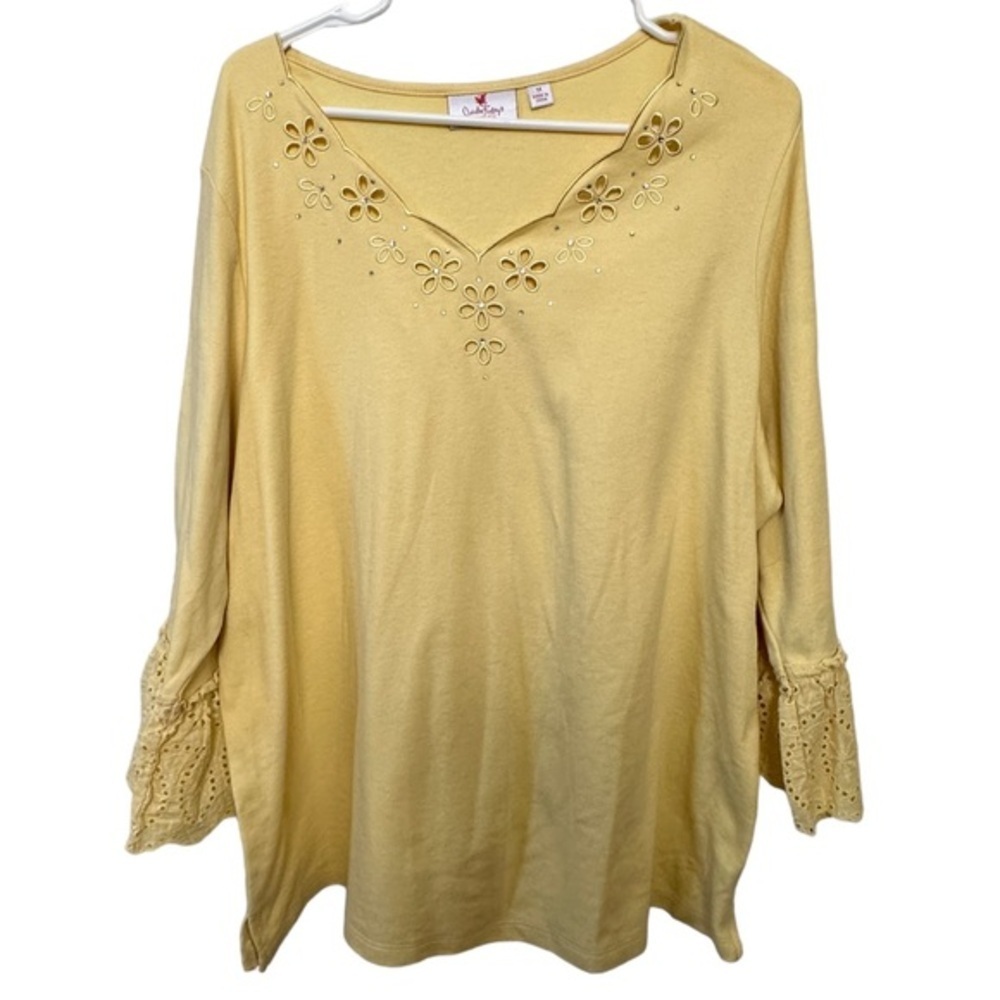 Quacker Factory size 1X bell sleeves top yellow long sleeves